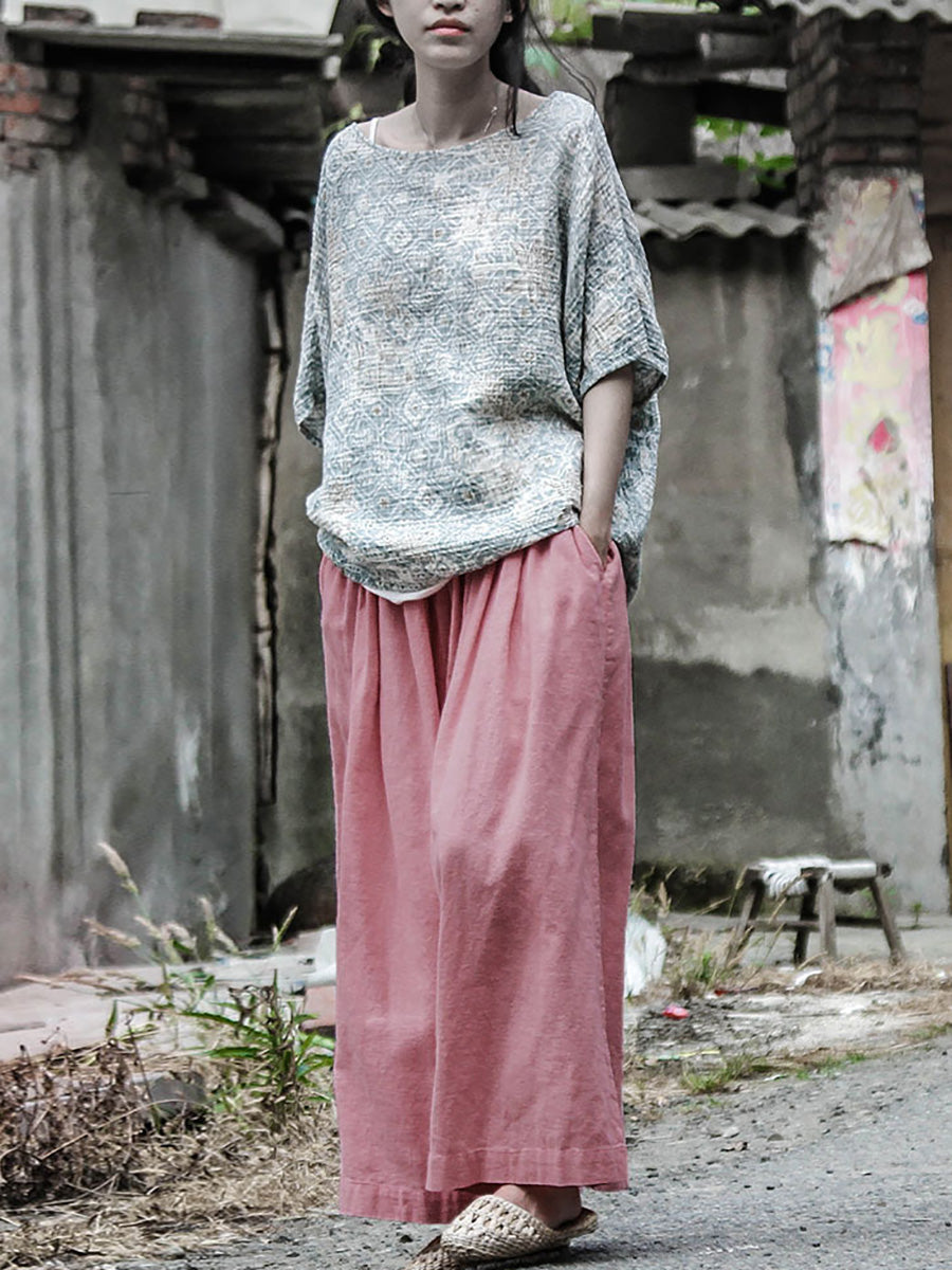 Women Summer Retro Pink Wide-leg Cotton Linen Pants