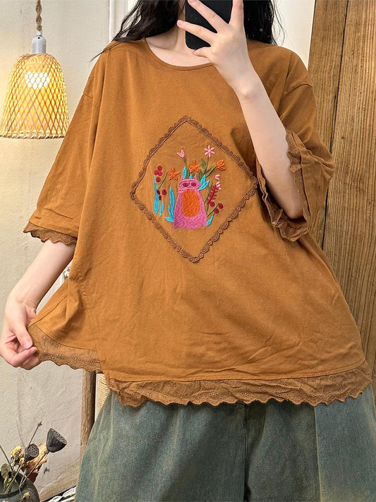 Women Summer Artsy Lacework Embroidery O-Neck Cotton Shirt