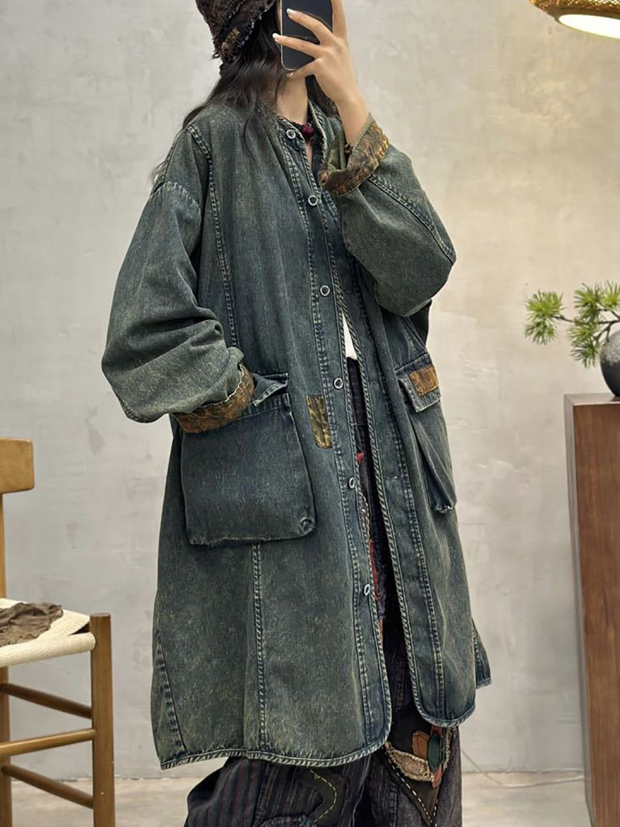 Women Autumn Vintage Pocket Denim Long Coat