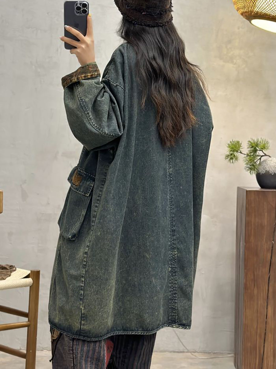 Women Autumn Vintage Pocket Denim Long Coat