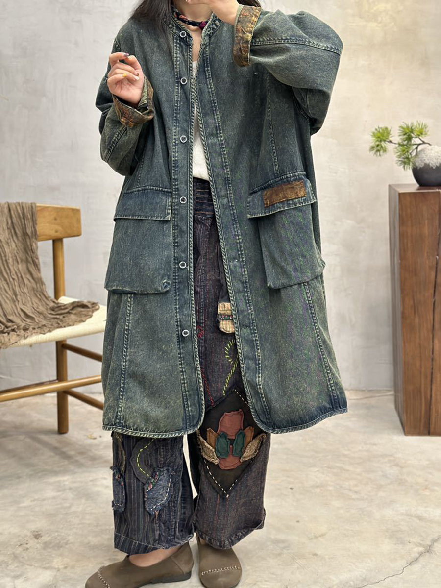 Women Autumn Vintage Pocket Denim Long Coat