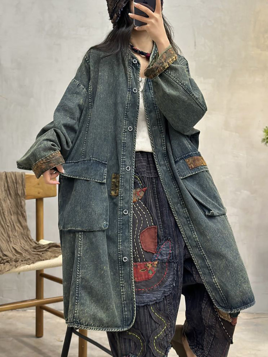 Women Autumn Vintage Pocket Denim Long Coat