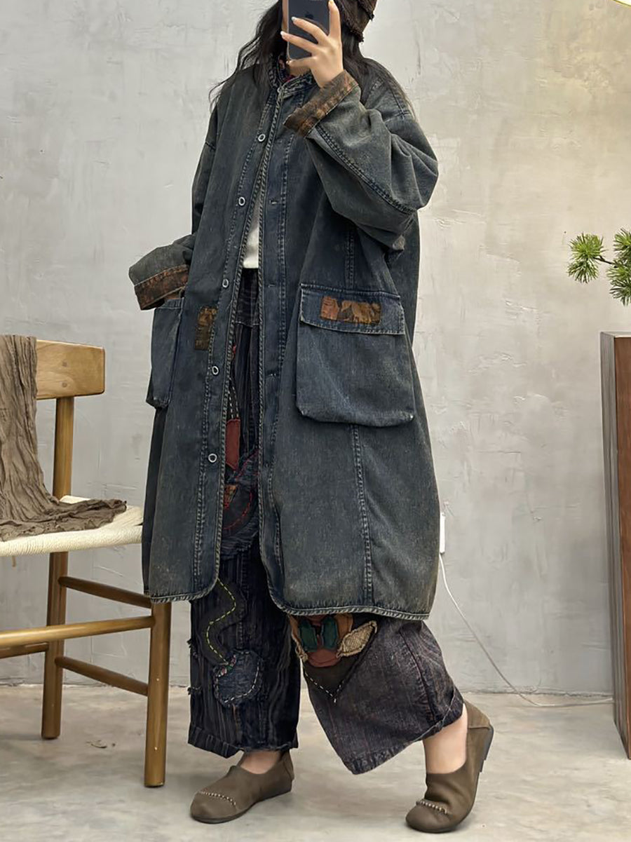 Women Autumn Vintage Pocket Denim Long Coat