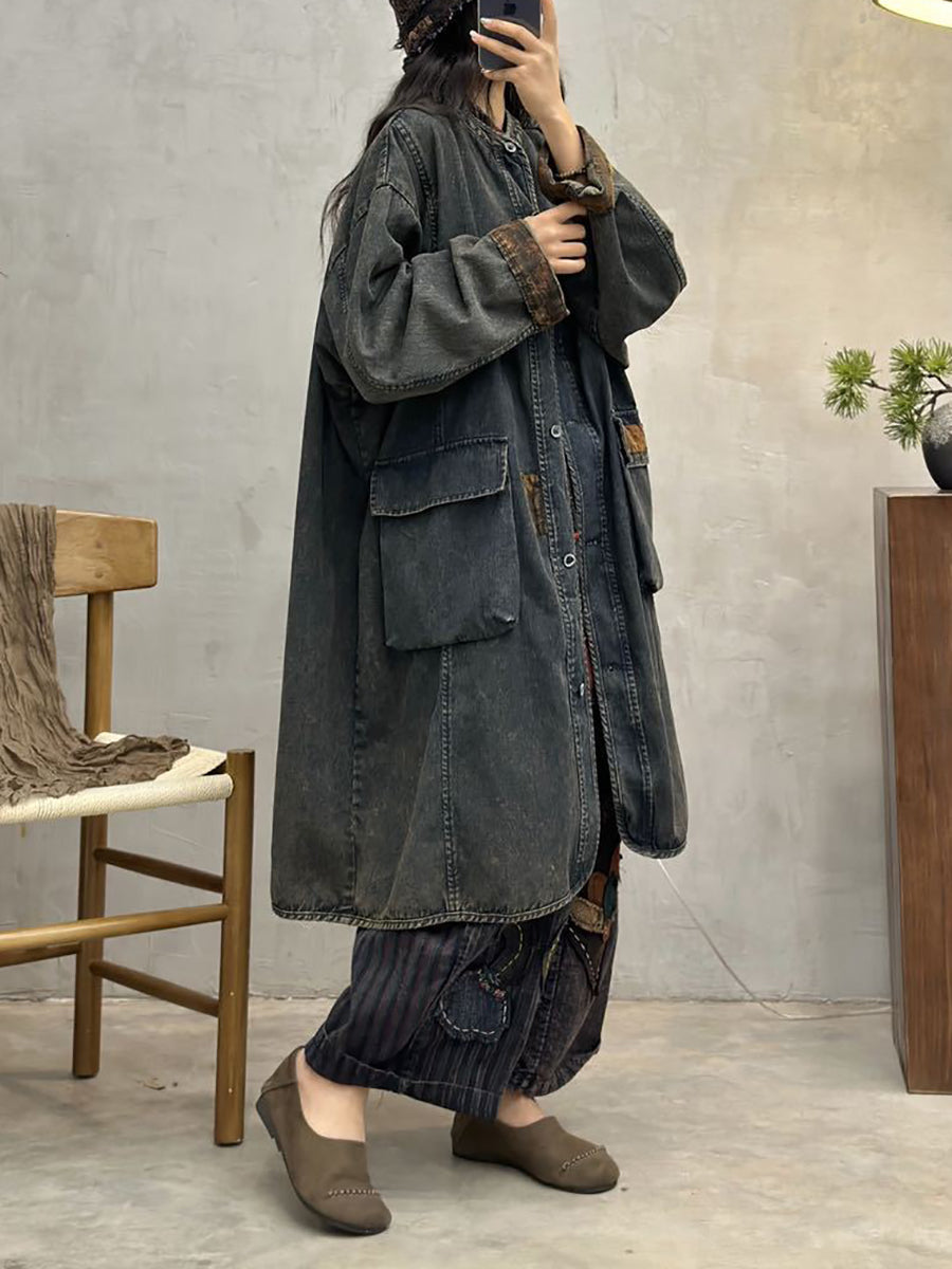 Women Autumn Vintage Pocket Denim Long Coat