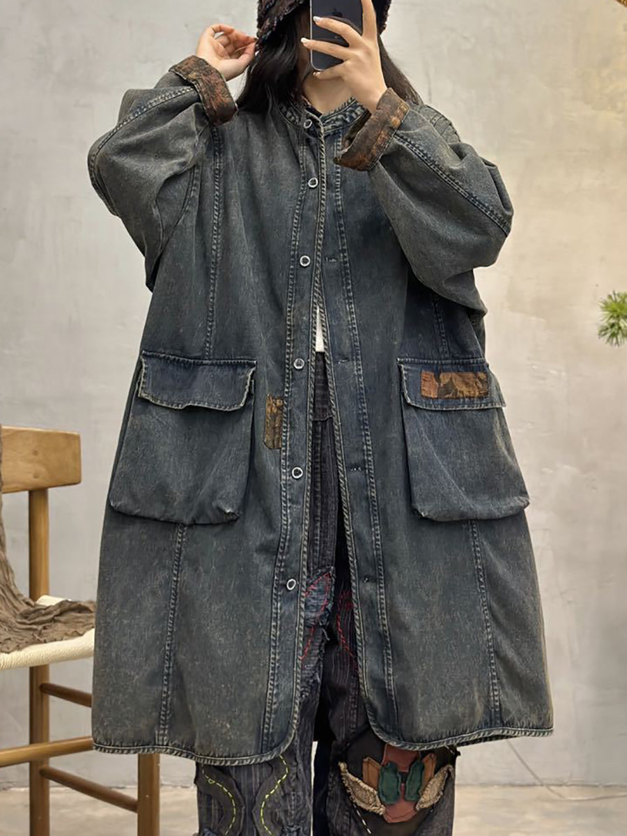 Women Autumn Vintage Pocket Denim Long Coat