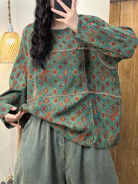 Women Vintage Autumn Floral Spliced Pullover Shirt