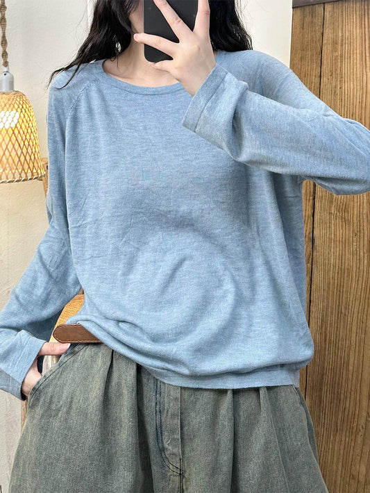 Women Summer Autumn Solid O-Neck Wool Sweatshirt