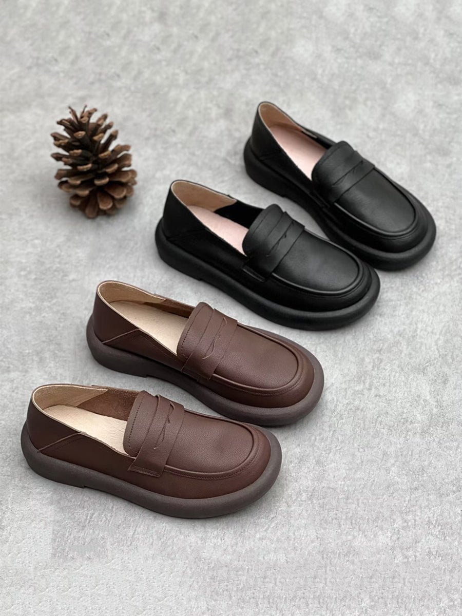 Women Summer Vintage Solid Soft Leather Loafer Shoes