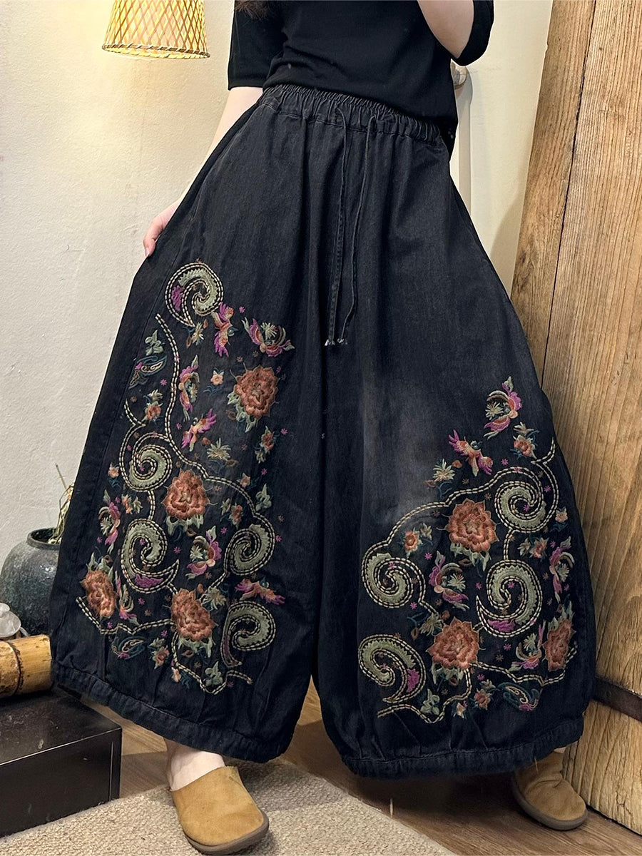 Women Summer Vintage Flower Embroidery Denim Wide-leg Pants