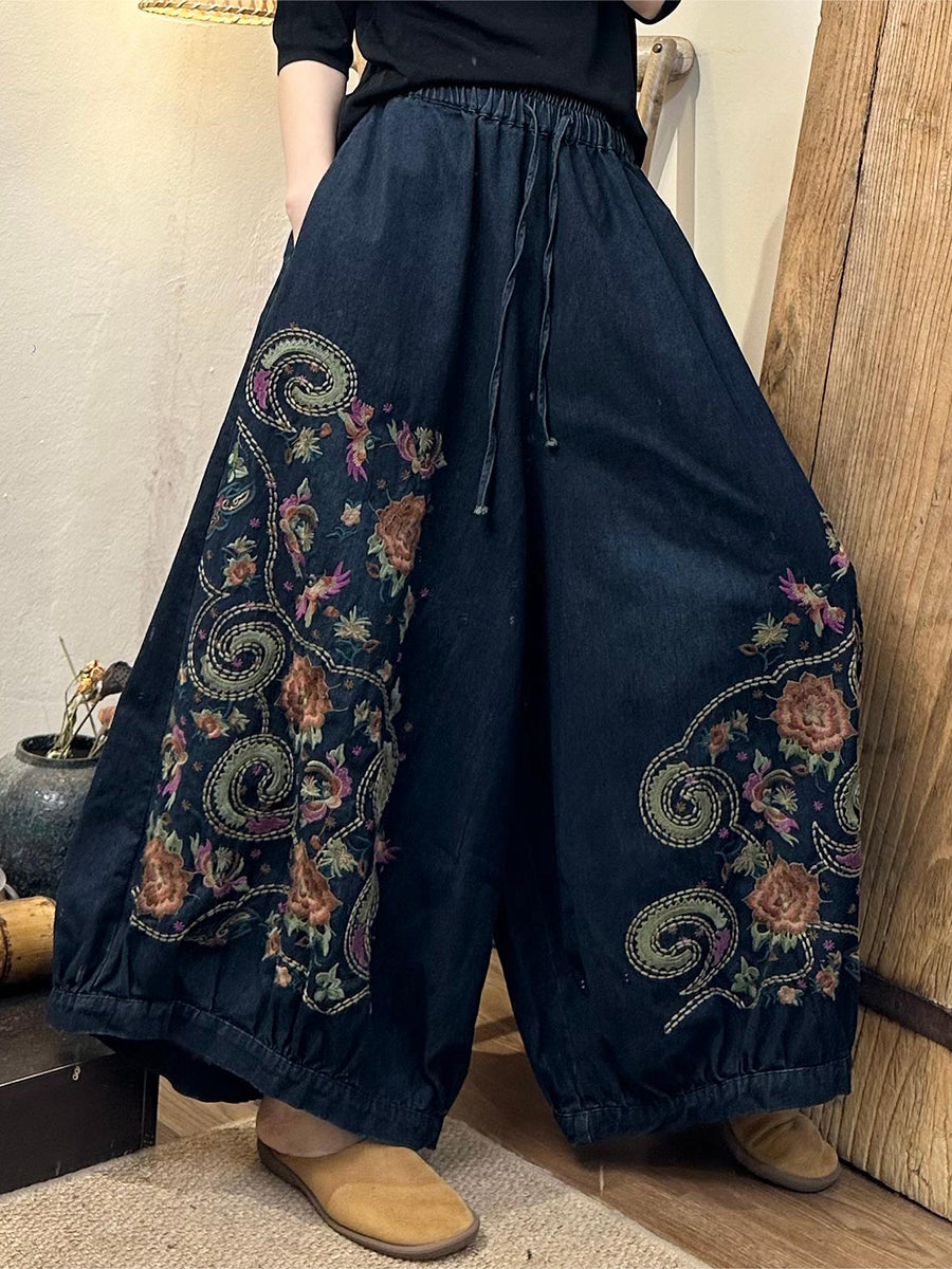 Women Summer Vintage Flower Embroidery Denim Wide-leg Pants