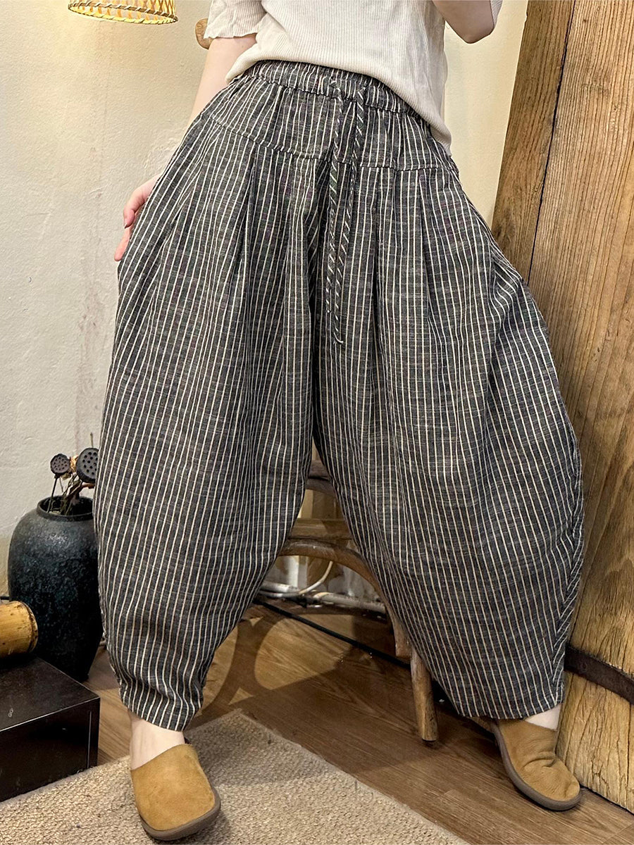 Women Summer Vintage Stripe Linen Cotton Harem Pants