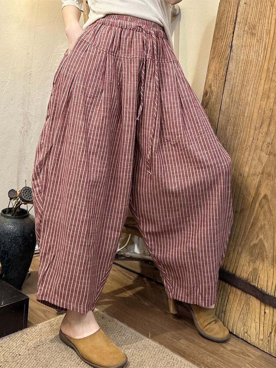 Women Summer Vintage Stripe Linen Cotton Harem Pants