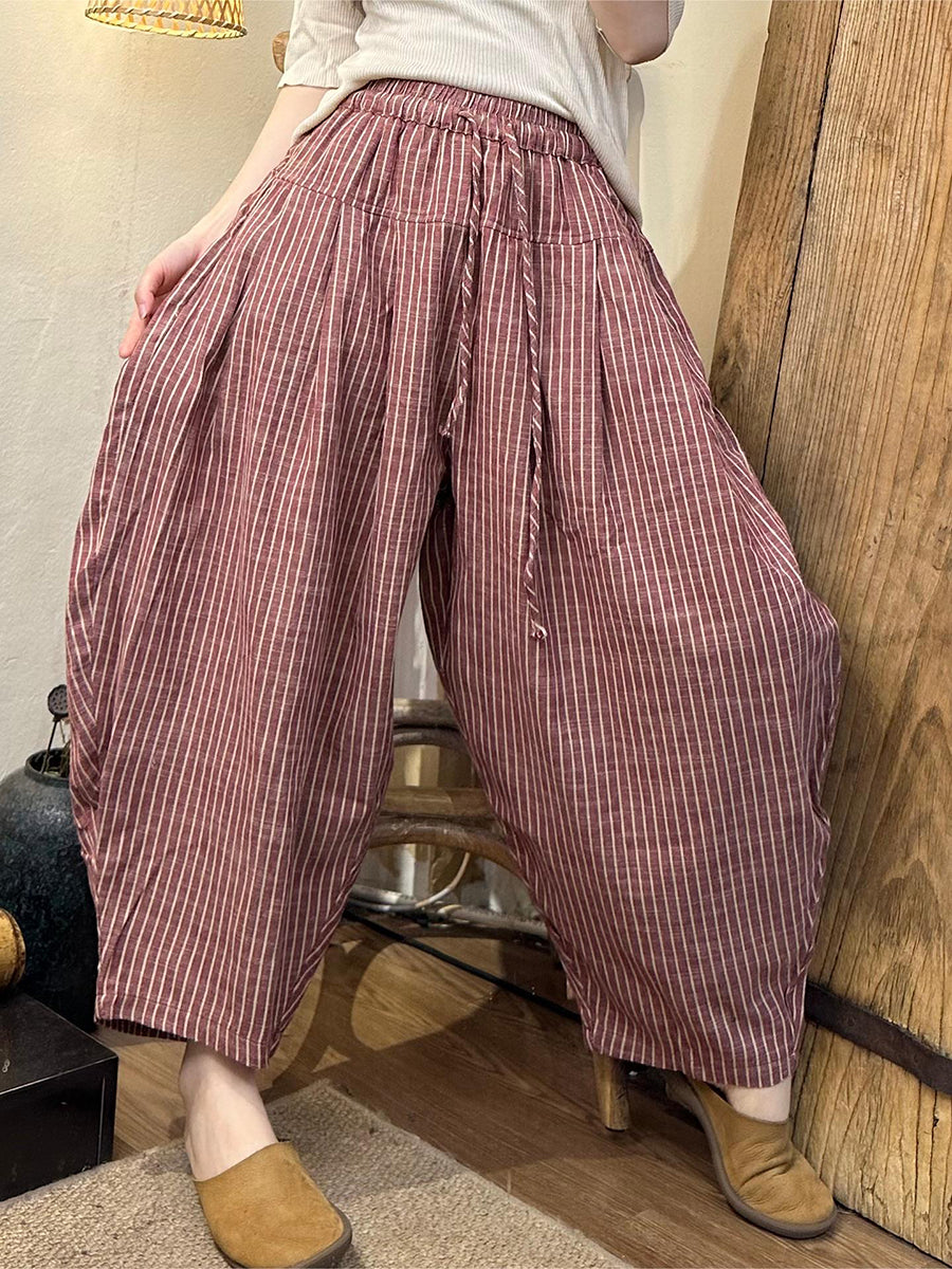 Women Summer Vintage Stripe Linen Cotton Harem Pants