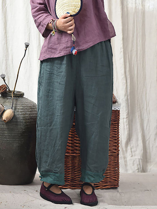 Women Autumn Vintage Colorblock Linen Wide-leg Pants