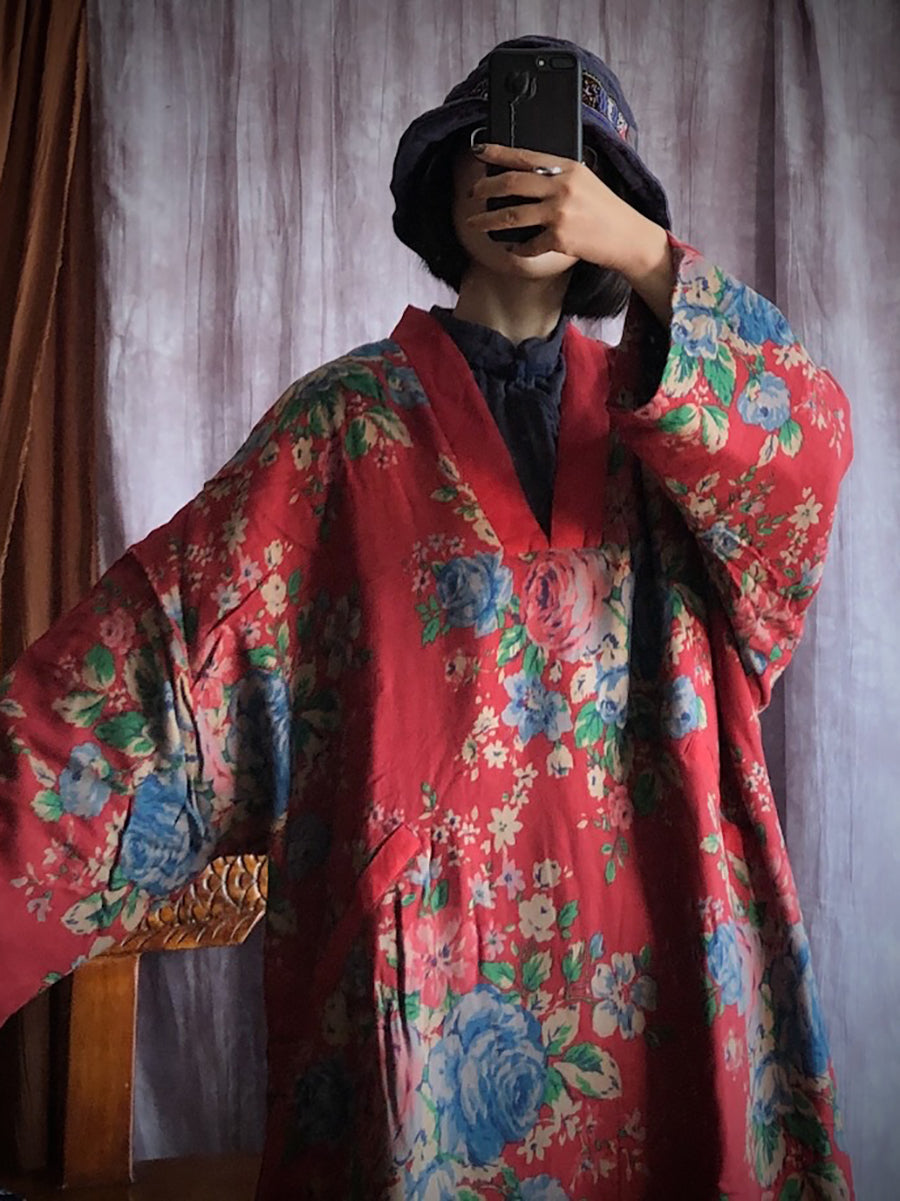 Women Autumn Vintage Flower V-Neck Cotton Padded Robe