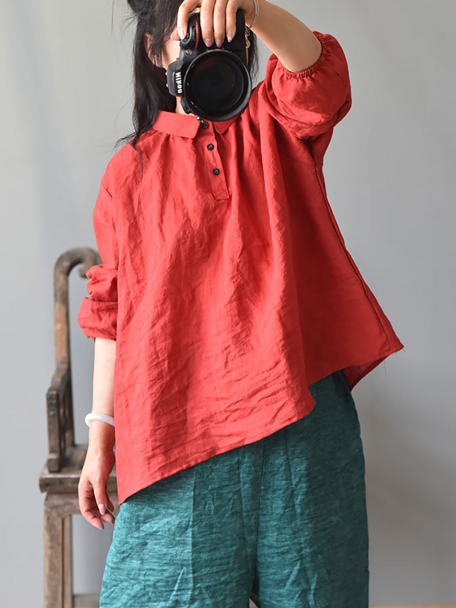 Women Summer Solid Turn-down Collar Loose Ramie Shirt