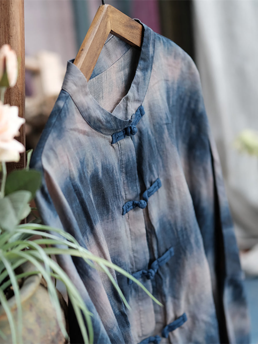 Women Vintage Tie-dye Button-up Ramie Long Shirt