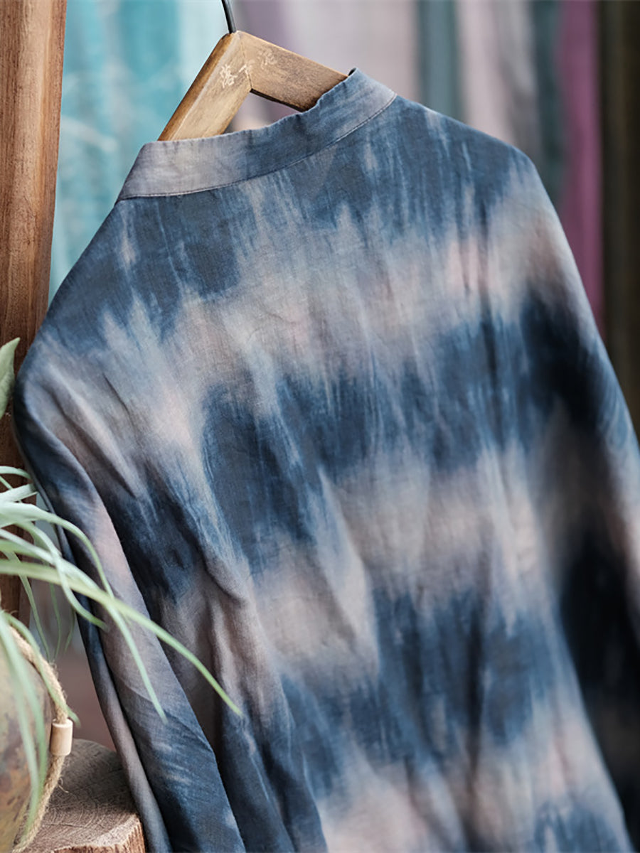 Women Vintage Tie-dye Button-up Ramie Long Shirt