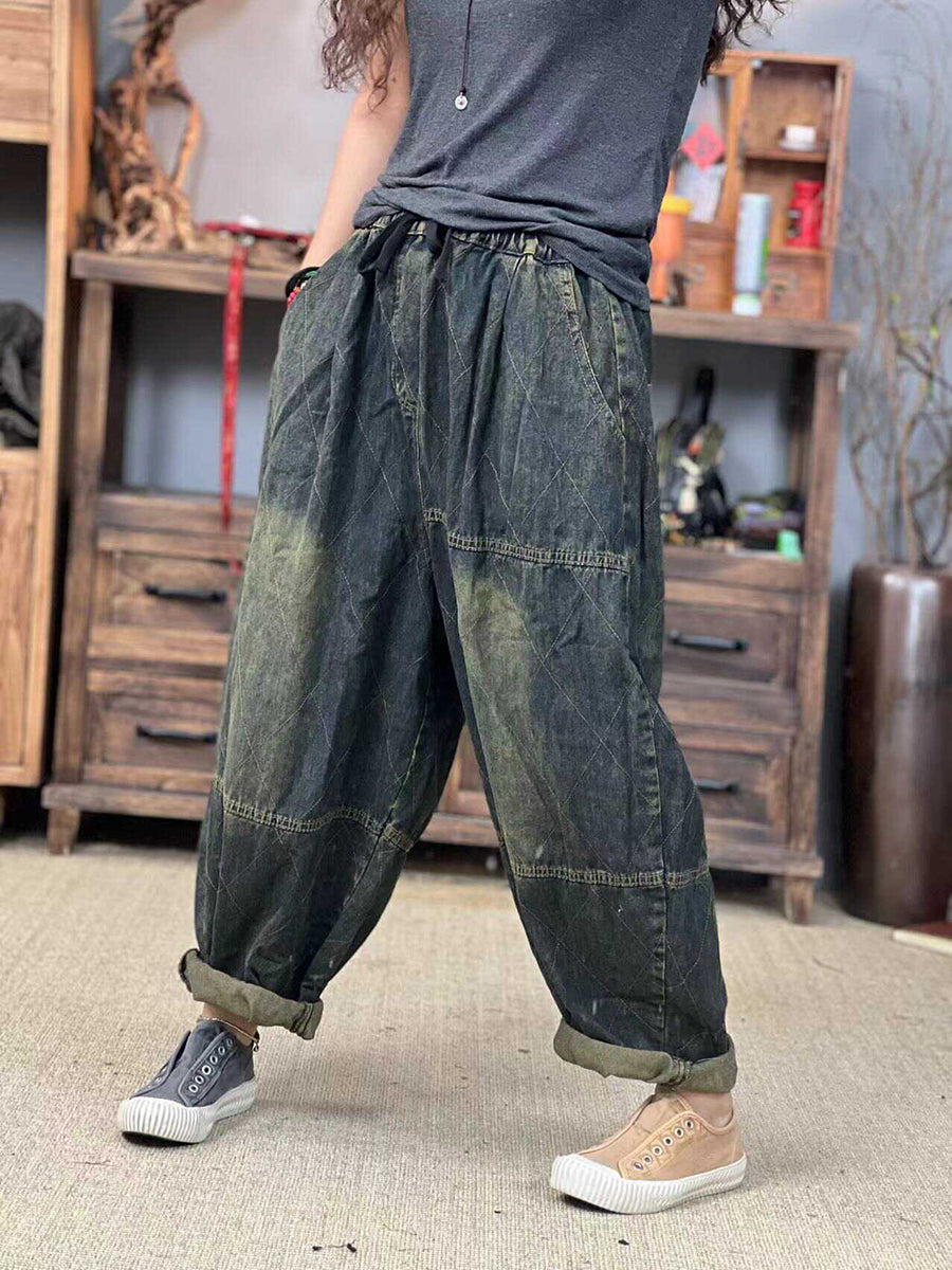 Women Autumn Retro Washed Spliced Denim Harem Pants