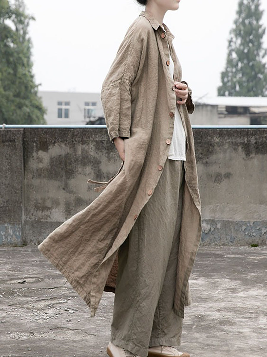 Women Autumn Casual Solid Button-up Linen Coat