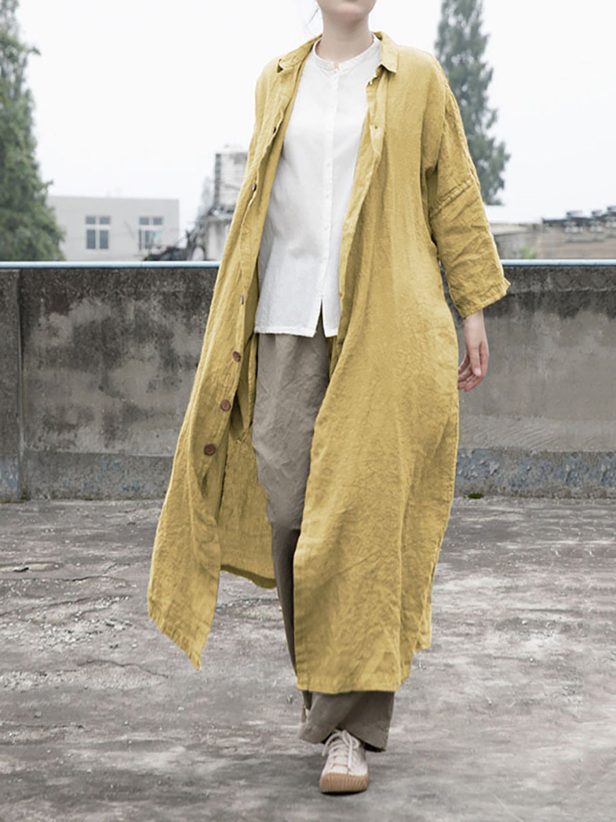 Women Autumn Casual Solid Button-up Linen Coat