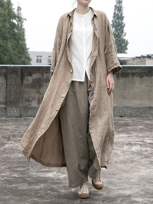 Women Autumn Casual Solid Button-up Linen Coat