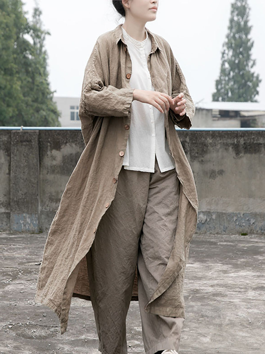 Women Autumn Casual Solid Button-up Linen Coat