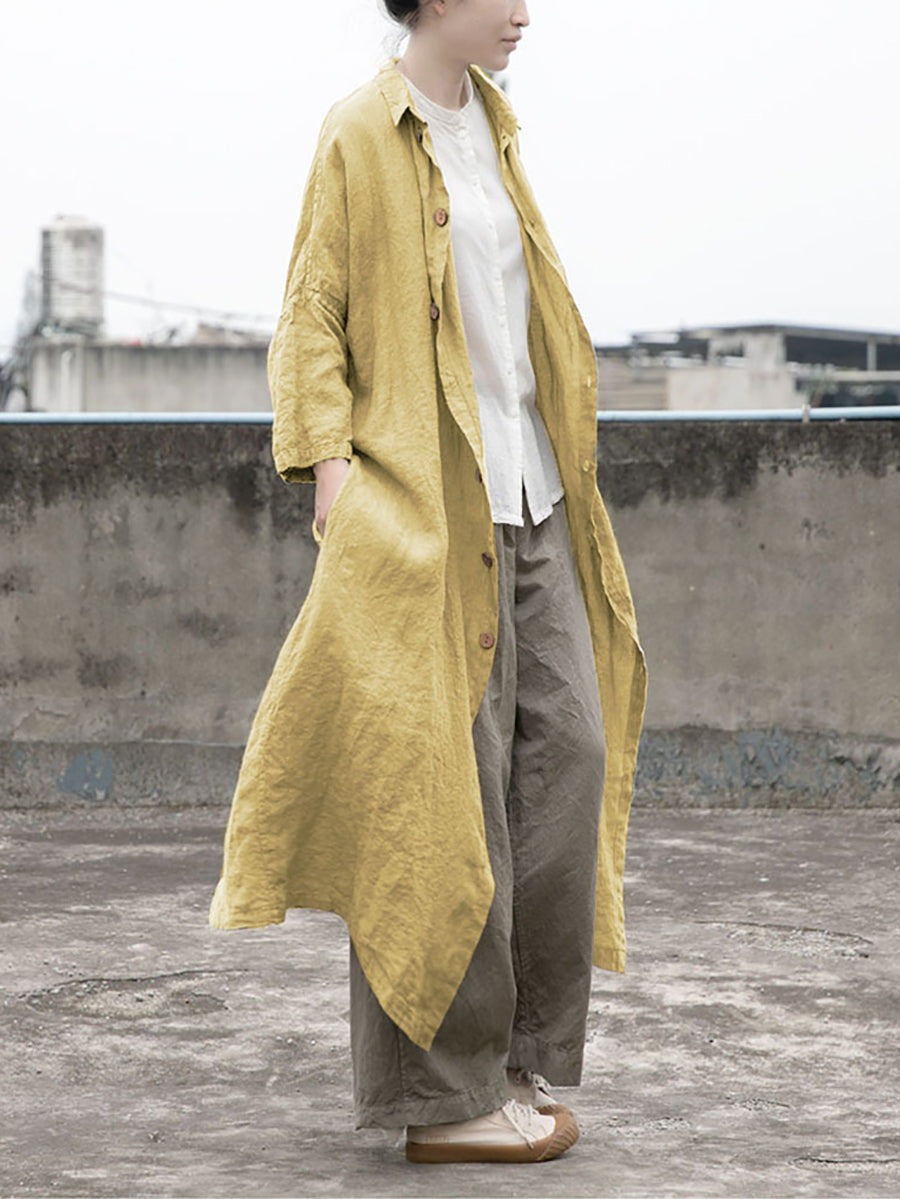 Women Autumn Casual Solid Button-up Linen Coat