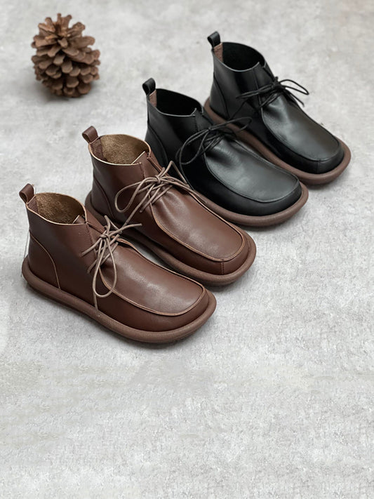 Women Winter Retro Soft Genuine Leather Flat Boots