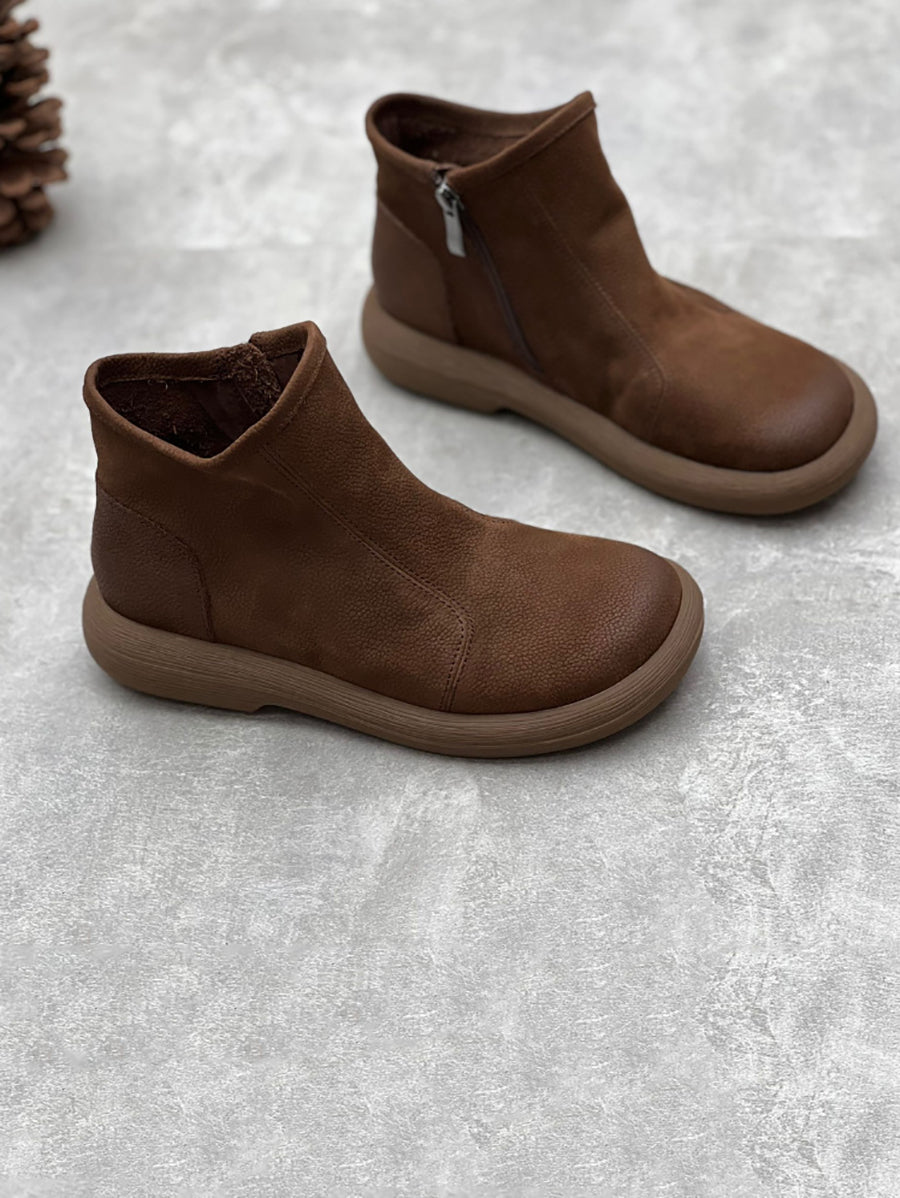 Women Winter Solid Soft Leather Zipper Flat Boots