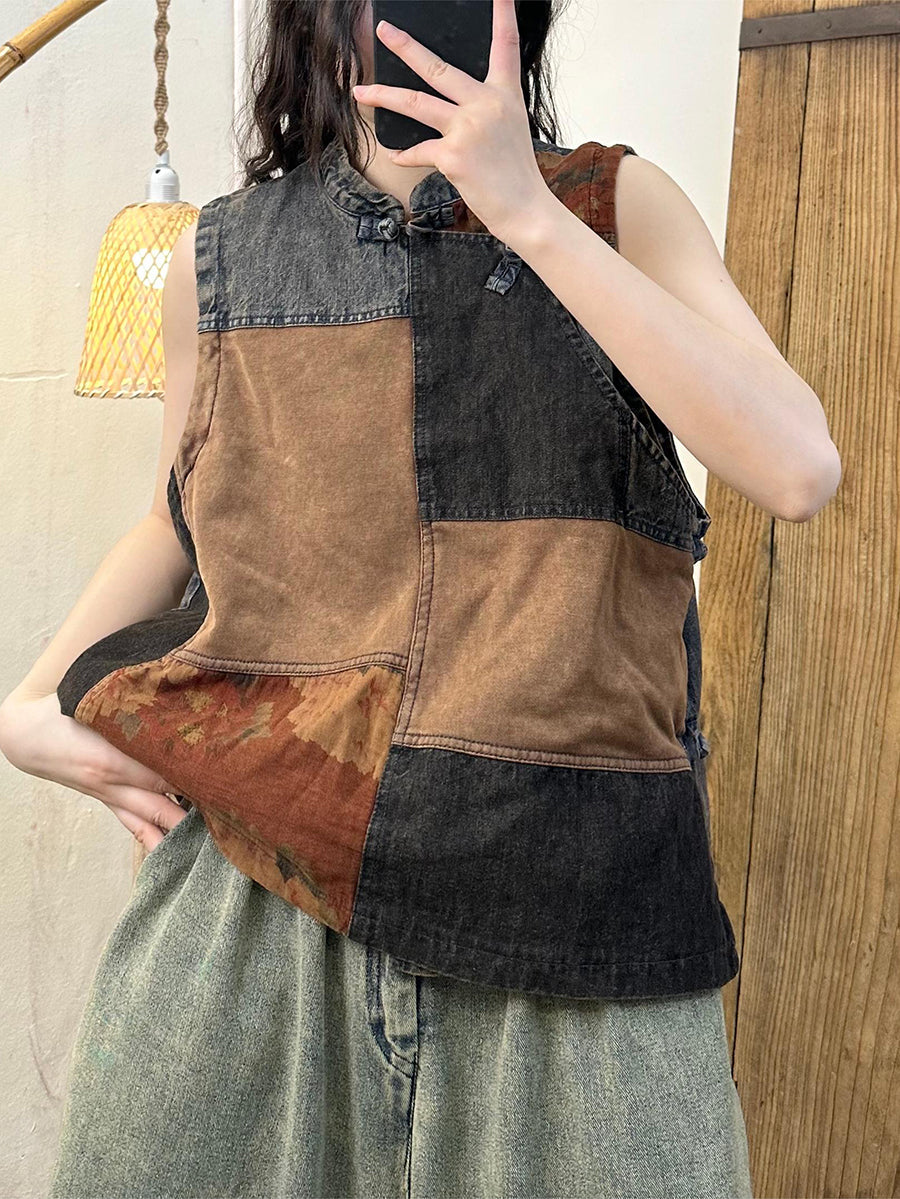 Women Summer Retro Patch Spliced Denim Vest