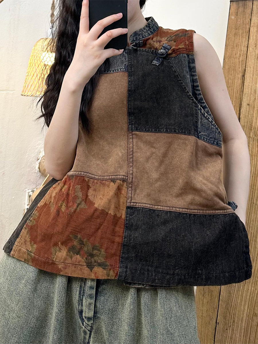 Women Summer Retro Patch Spliced Denim Vest