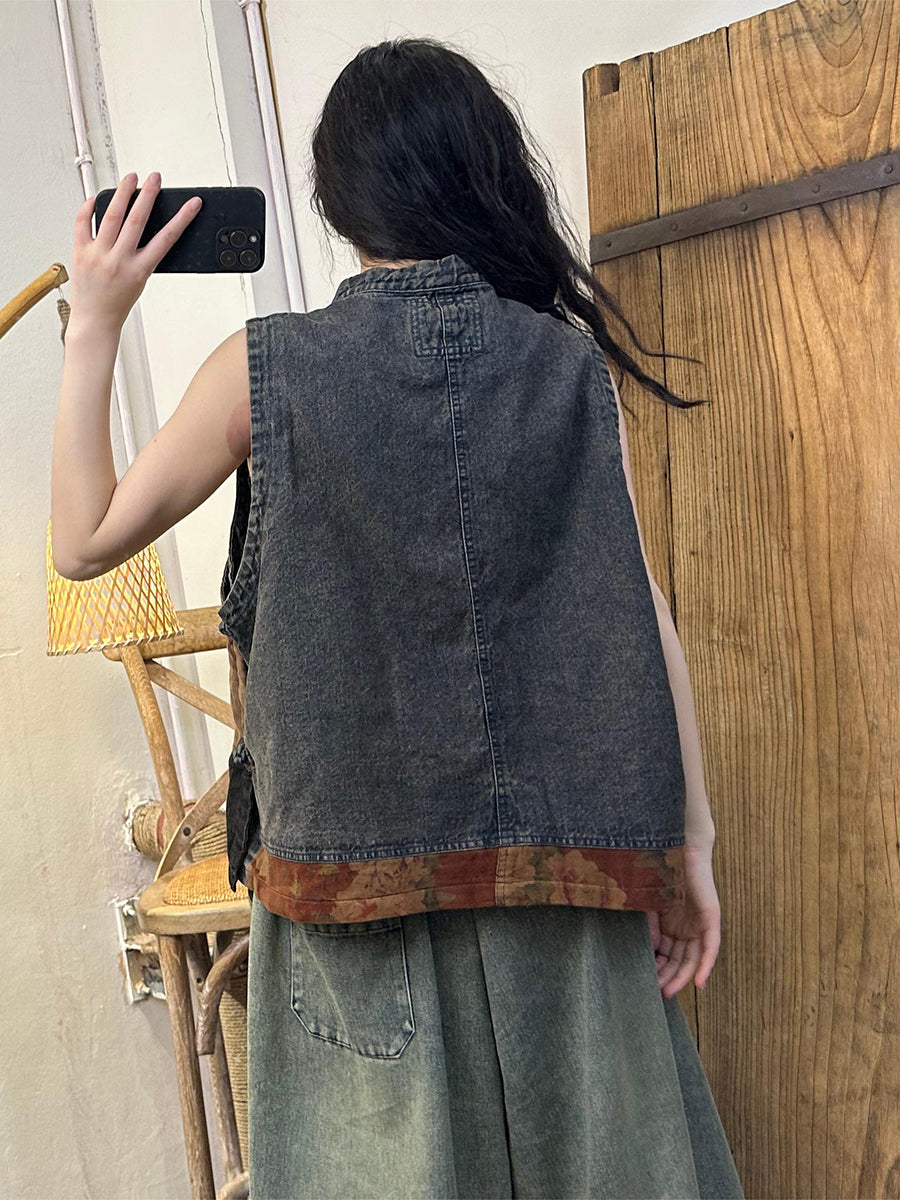 Women Summer Retro Patch Spliced Denim Vest