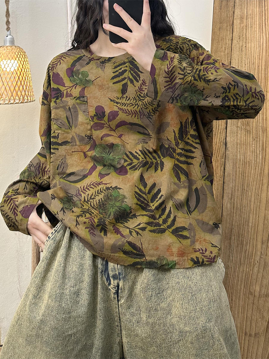 Women Autumn Vintage Flower Pocket O-Neck Cotton Blouse