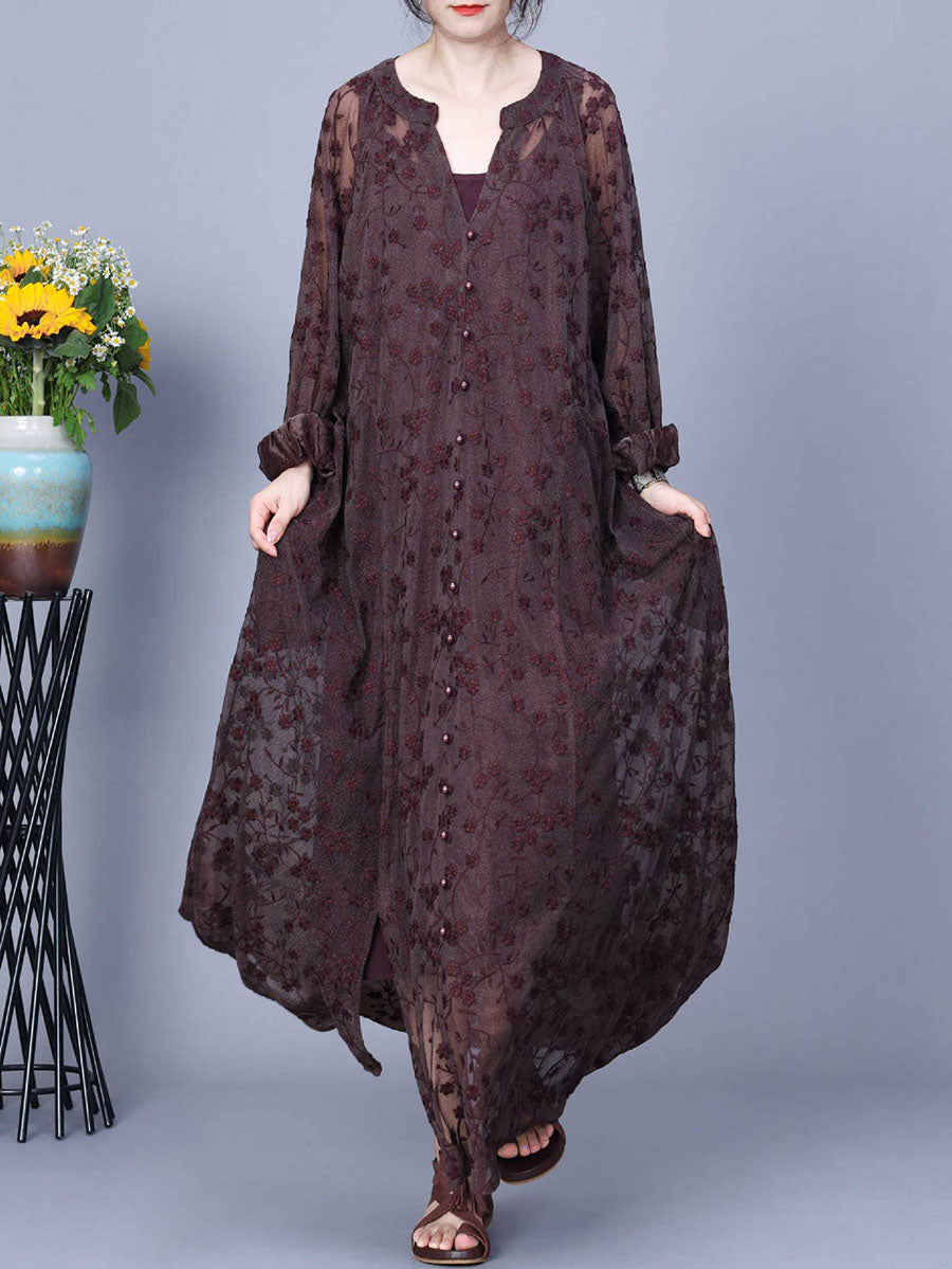 Women Autumn Flower Embroidery V-Neck Two-Pieces Dress