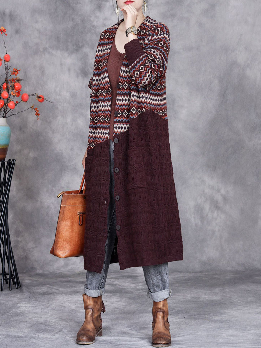 Women Autumn Stripe Colorblock Knitted Cardigan Coat