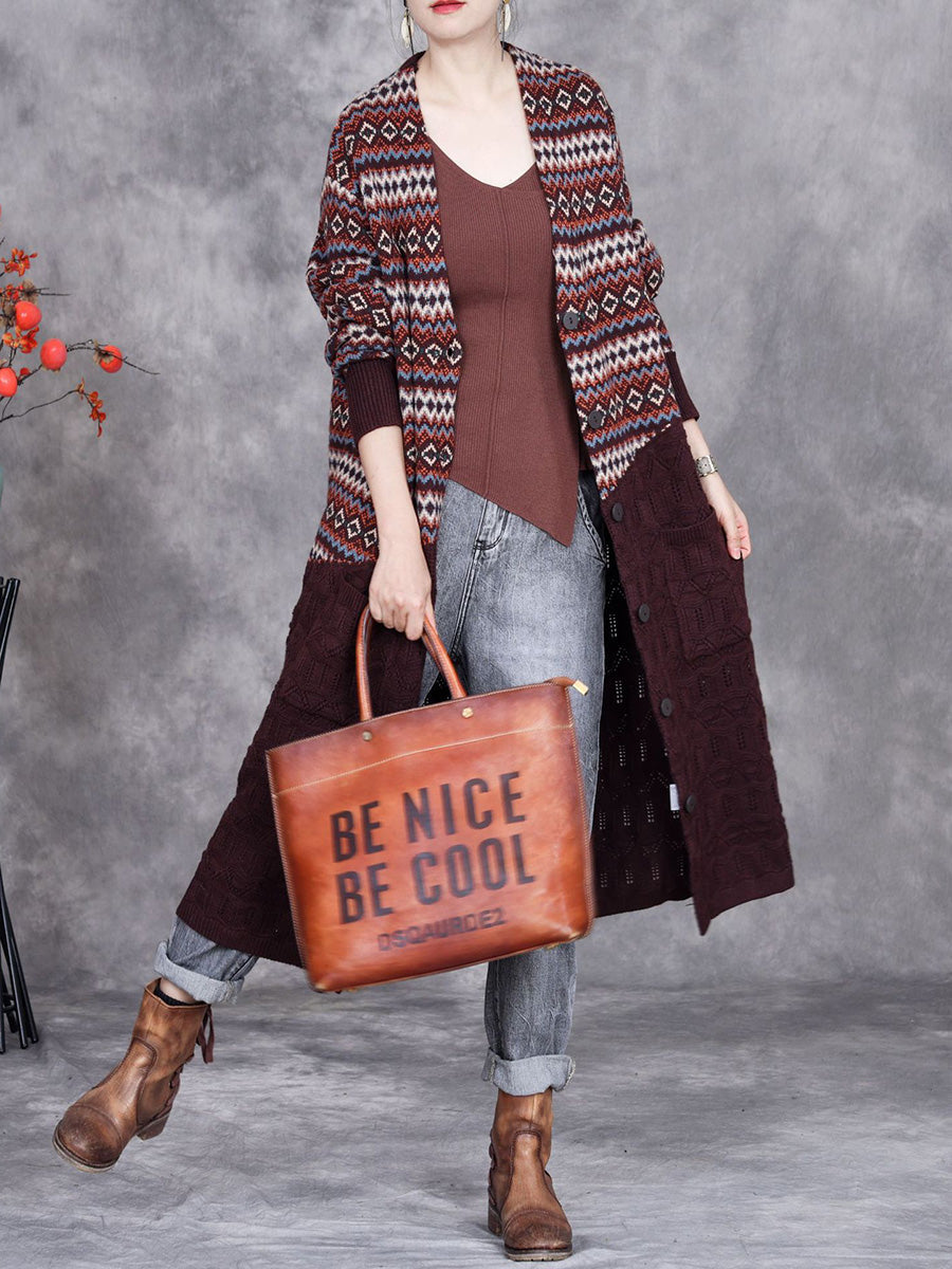 Women Autumn Stripe Colorblock Knitted Cardigan Coat