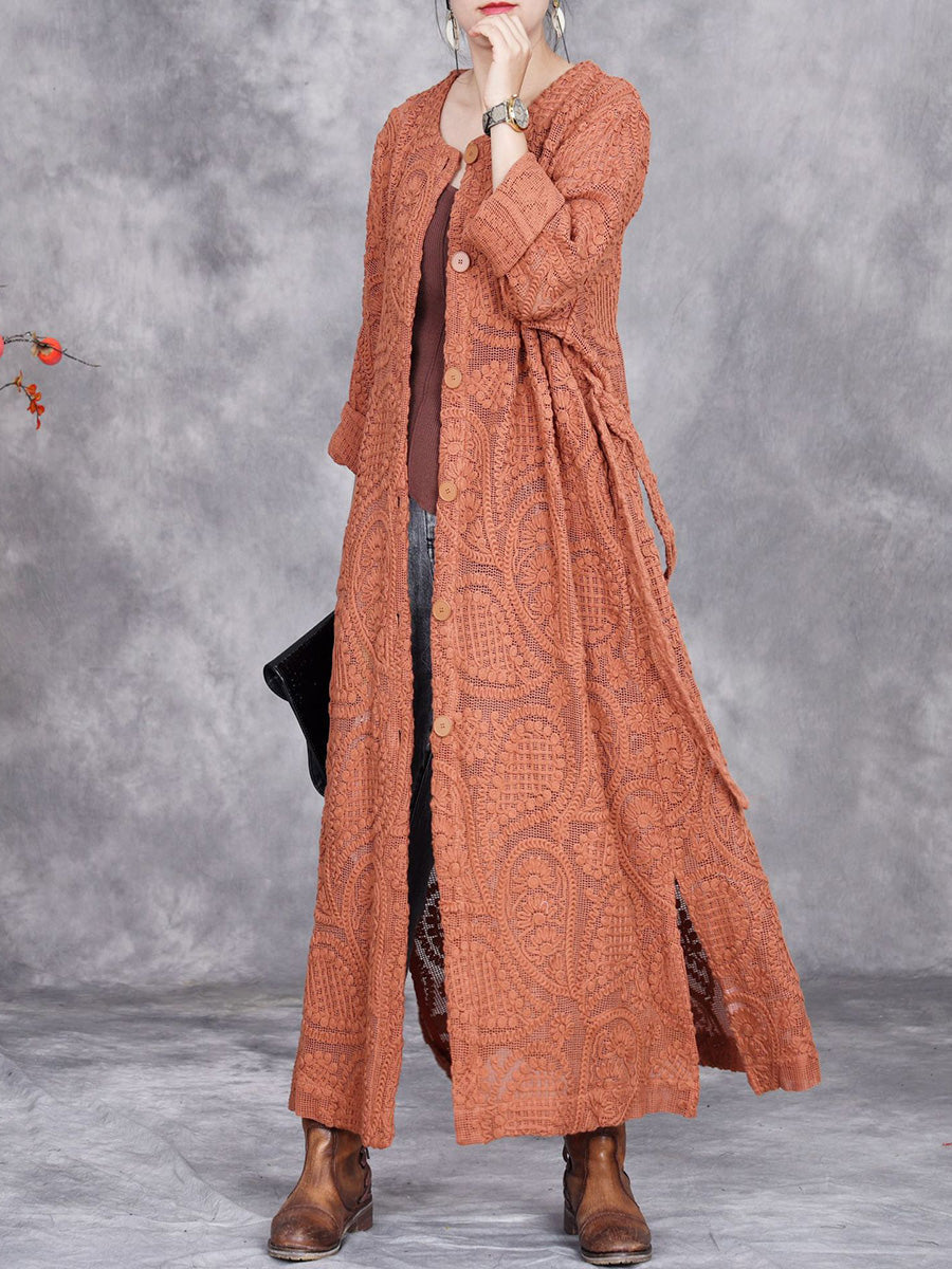 Women Autumn Artsy Embroidery Knitted Long Cardigan Coat