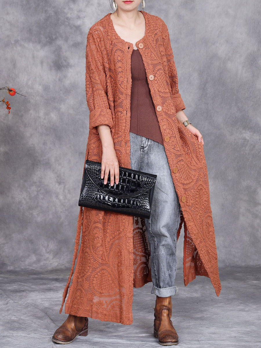 Women Autumn Artsy Embroidery Knitted Long Cardigan Coat