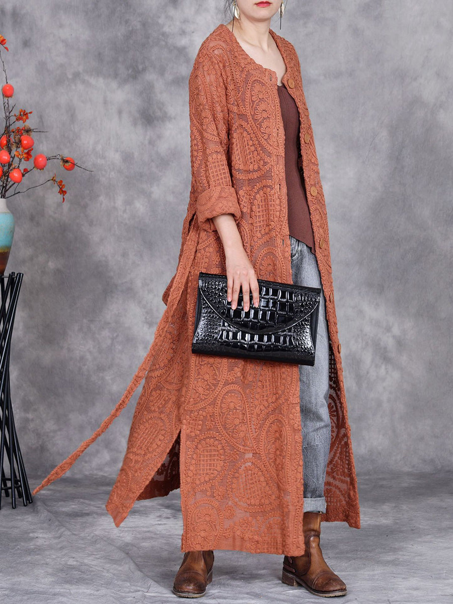 Women Autumn Artsy Embroidery Knitted Long Cardigan Coat