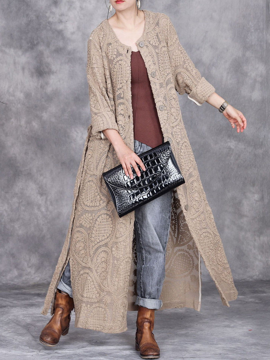 Women Autumn Artsy Embroidery Knitted Long Cardigan Coat