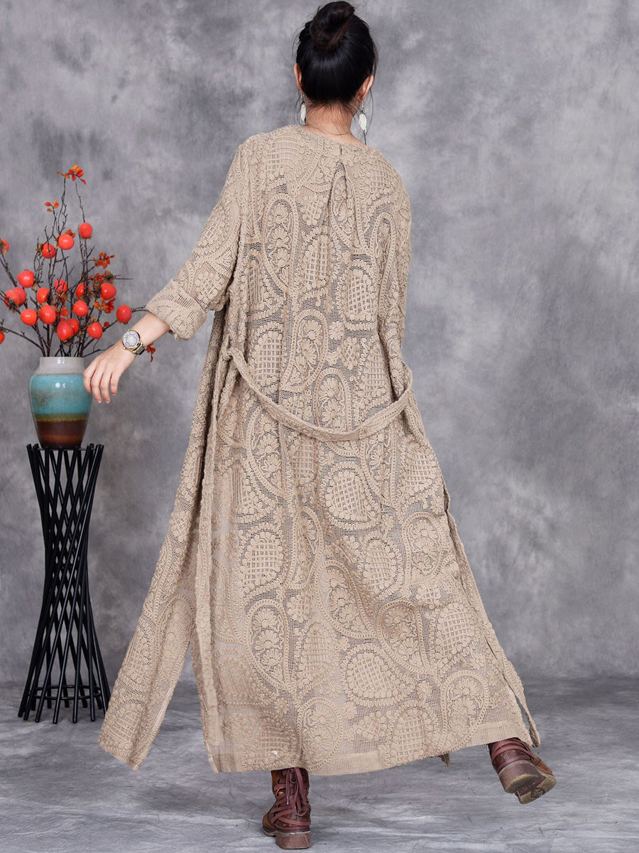 Women Autumn Artsy Embroidery Knitted Long Cardigan Coat