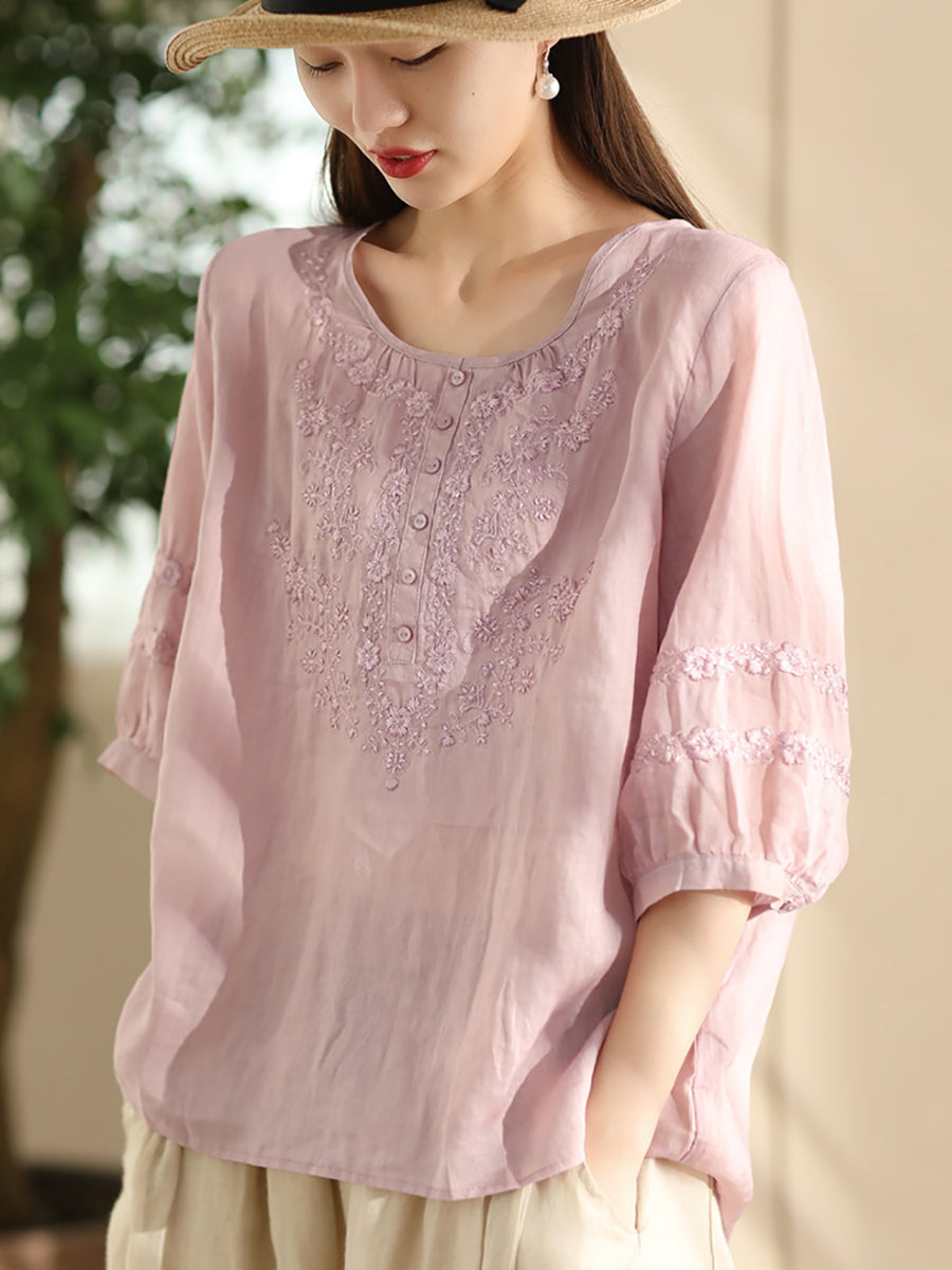 Women Summer Artsy Flower Embroidery O-Neck Ramie Shirt