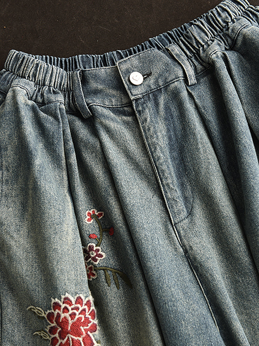 Women Spring Vintage Flower Embroidery Denim Pants