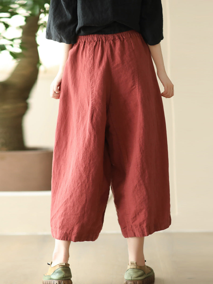 Women Summer Retro Solid Linen Loose Harem Pants