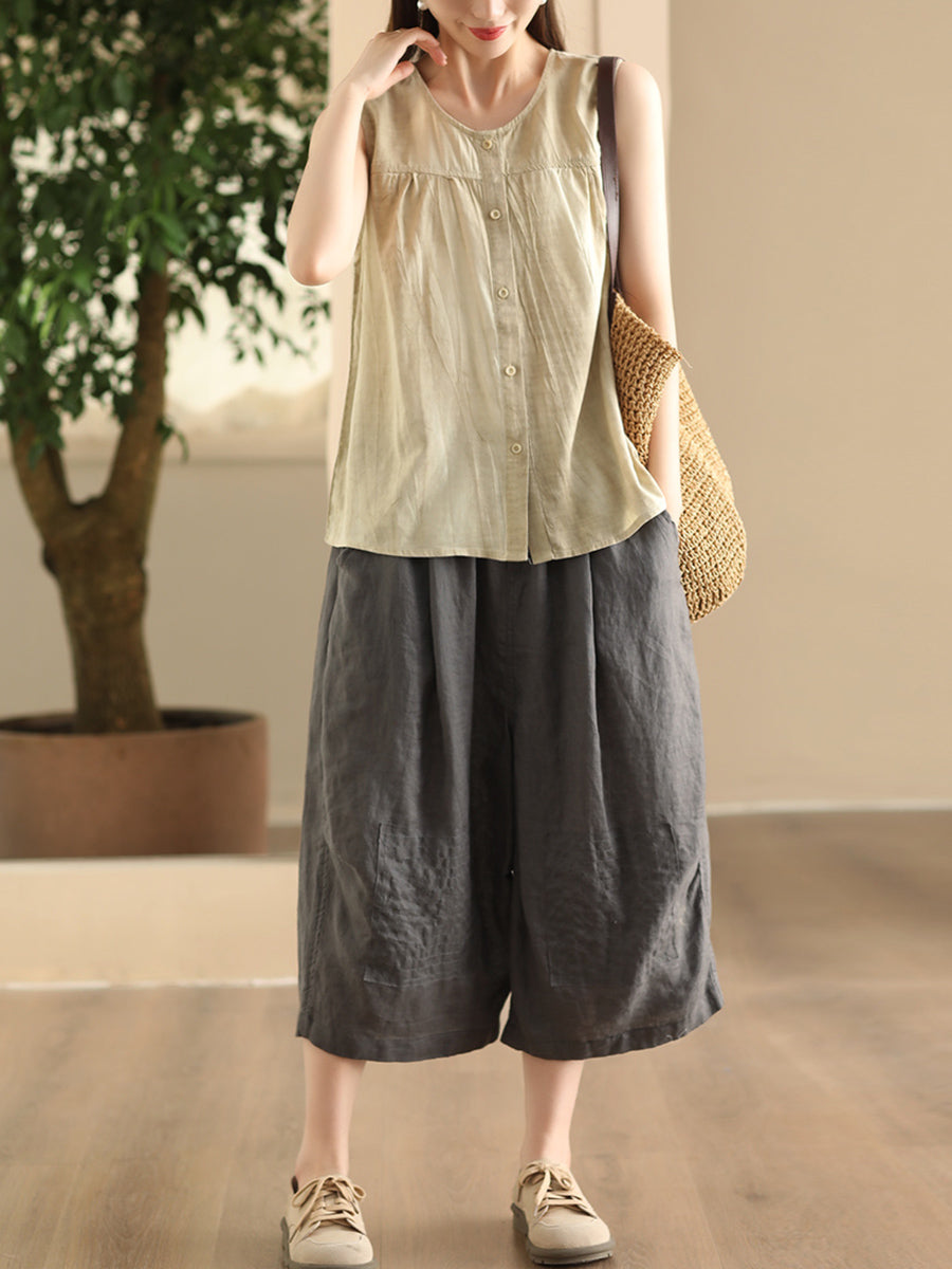 Women Casual Solid Spliced O-Neck Button-up Linen Vest