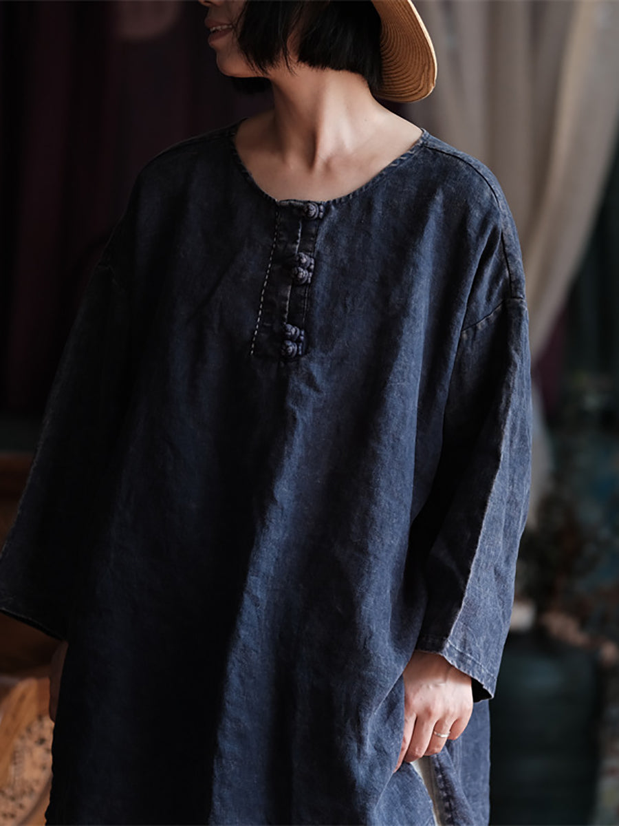 Women Vintage Solid Spring Linen O-Neck Loose Shirt