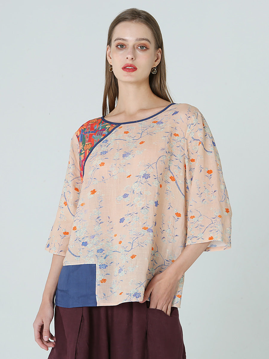 Plus Size Flower Prints Drop Shoulder Spring Patchwork Women T Shirt M-2XL