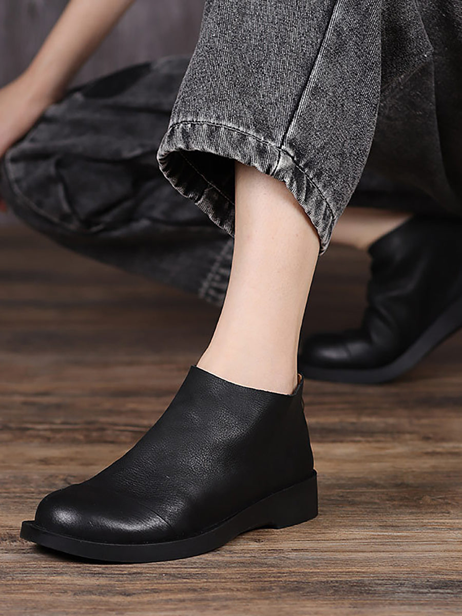 BUYKUD Handmade Genuine Leather Vintage Women Short Boots