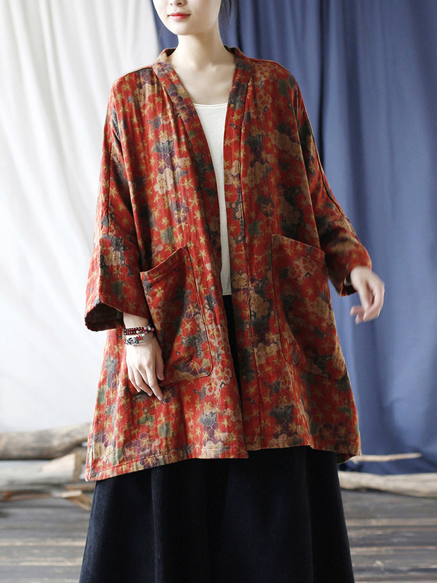 Women Ethnic Floral V-neck Pocket Cardigan Coat